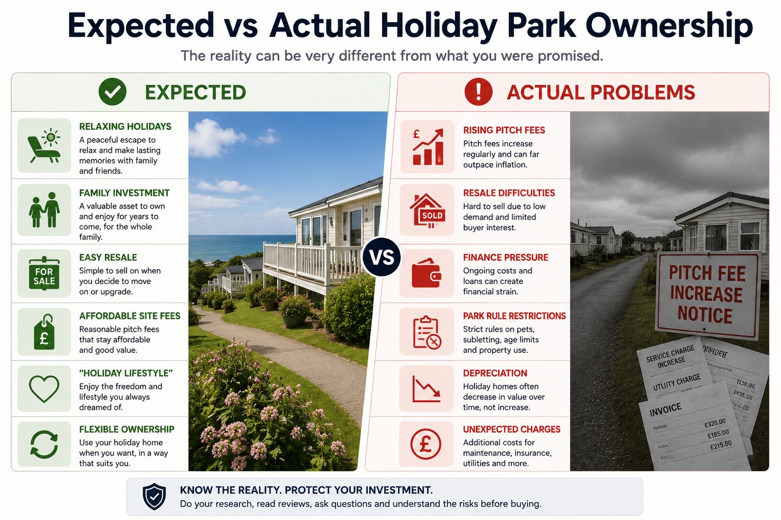 Holiday park ownership concerns including expected versus actual costs, resale difficulty and finance pressure