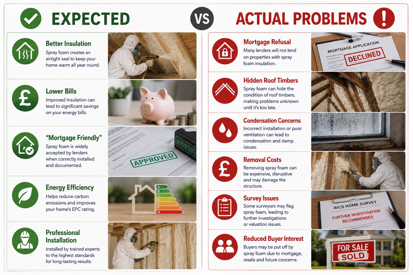Spray foam insulation problems overview including mortgage, survey, installation and removal evidence