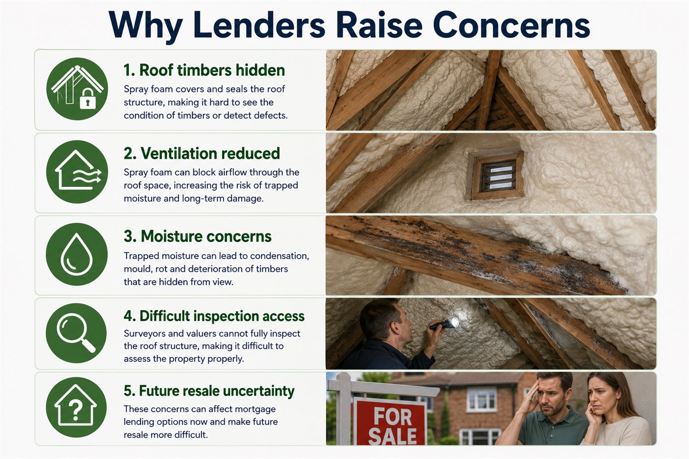Spray foam mortgage concerns including hidden roof timbers, ventilation, moisture risk and inspection access