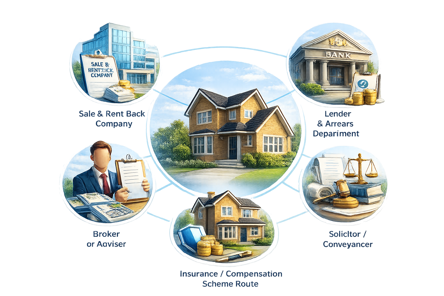 Possible sale and rent back responsibility routes including sale and rent back company, lender, broker, solicitor and compensation scheme